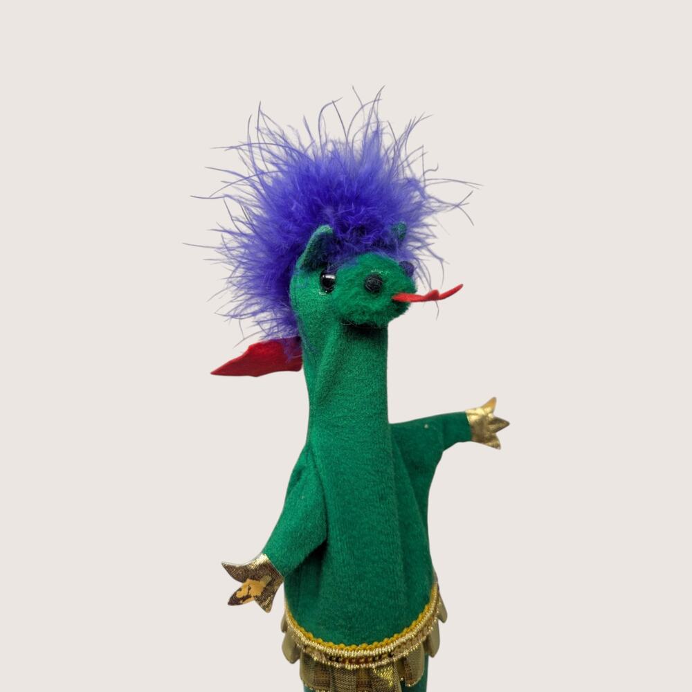 1970s Handmade Felt Dragon Puppet Vintage Folk Art
